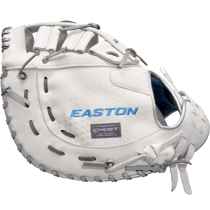 The Easton Ghost NX 13" Fastpitch First Base Mitt (GNXFP313) is a white glove with gray laces and blue accents, made from Diamond Pro Steer leather and shown from the side to highlight its logo and detailed stitching.