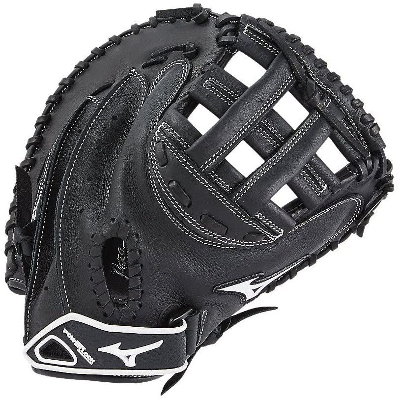 The Mizuno Prospect 32.5" Fastpitch Catcher's Mitt (GXS102 / 312591) features full-grain leather, white stitching, a webbed pocket, a white Mizuno logo by the wrist strap, and PowerClose Technology for easier catching.
