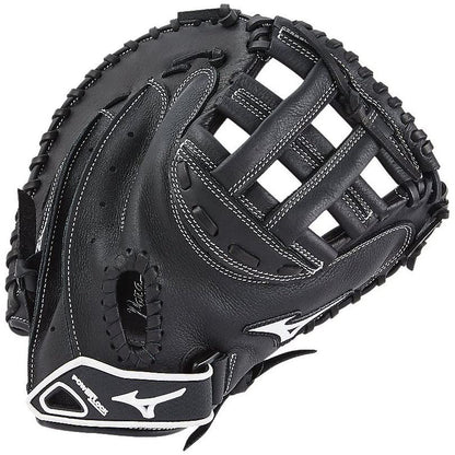 The Mizuno Prospect 32.5" Fastpitch Catcher's Mitt (GXS102 / 312591) features full-grain leather, white stitching, a webbed pocket, a white Mizuno logo by the wrist strap, and PowerClose Technology for easier catching.