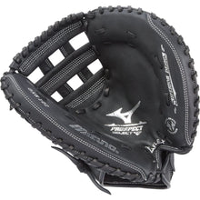 The Mizuno Prospect 32.5" Fastpitch Catcher's Mitt (GXS102 / 312591) is a black full-grain leather glove with white stitching, an open pocket, PowerClose Technology, and Prospect Select text on the palm.