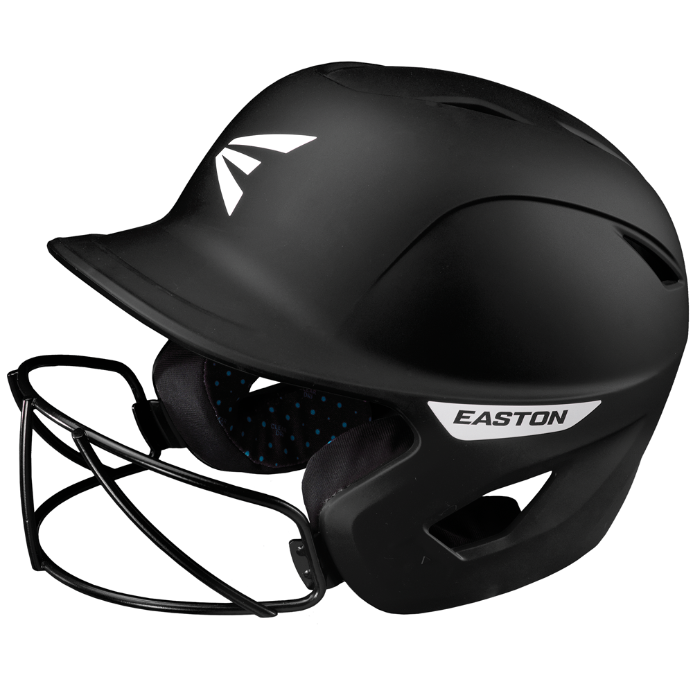 The Easton Ghost Matte Solid Batting Helmet with Mask (GHOSTMT) features a protective face guard and matte black finish, with the Easton name in white—specifically designed for female fastpitch athletes.