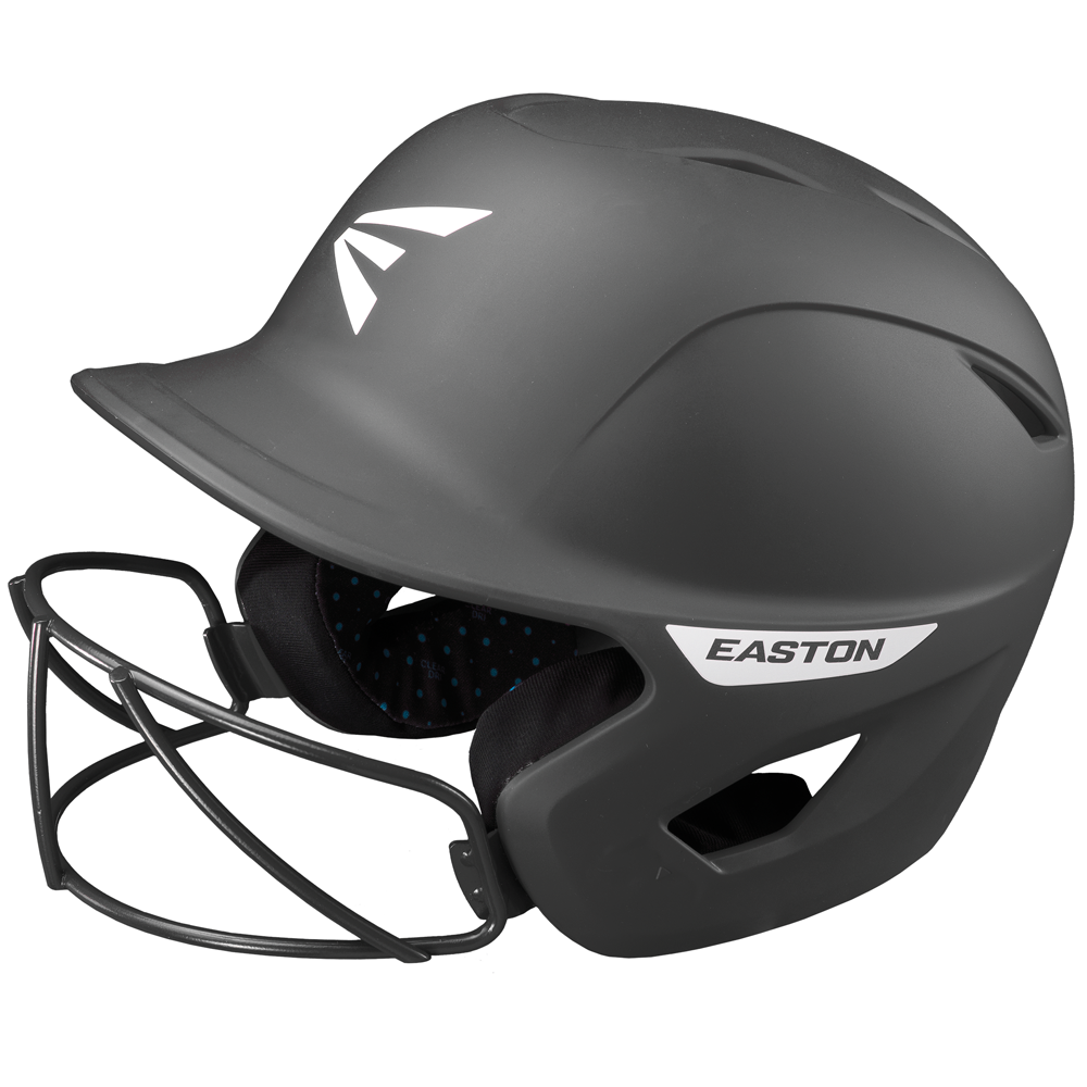 The Easton Ghost Matte Solid Batting Helmet with Mask (GHOSTMT) features a matte black finish, white Easton logo, ear protection, and ventilation openings. Designed for female softball players.