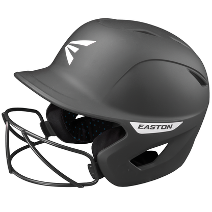 The Easton Ghost Matte Solid Batting Helmet with Mask (GHOSTMT) features a matte black finish, white Easton logo, ear protection, and ventilation openings. Designed for female softball players.