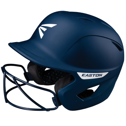The Easton Ghost Matte Solid Batting Helmet with Mask (GHOSTMT) features a blue finish with a white logo—ideal protection and style for female softball athletes.