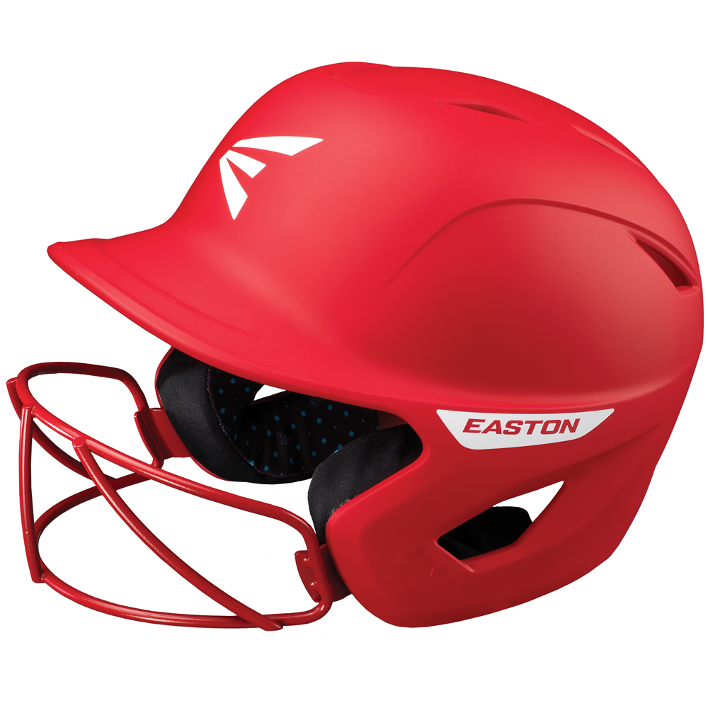The Easton Ghost Matte Solid Batting Helmet with Mask (GHOSTMT) is a bright red helmet for female athletes, featuring a black padded interior, face guard, white Easton branding on the side, and an ear vent.