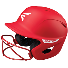 The Easton Ghost Matte Solid Batting Helmet with Mask (GHOSTMT) is a bright red helmet for female athletes, featuring a black padded interior, face guard, white Easton branding on the side, and an ear vent.