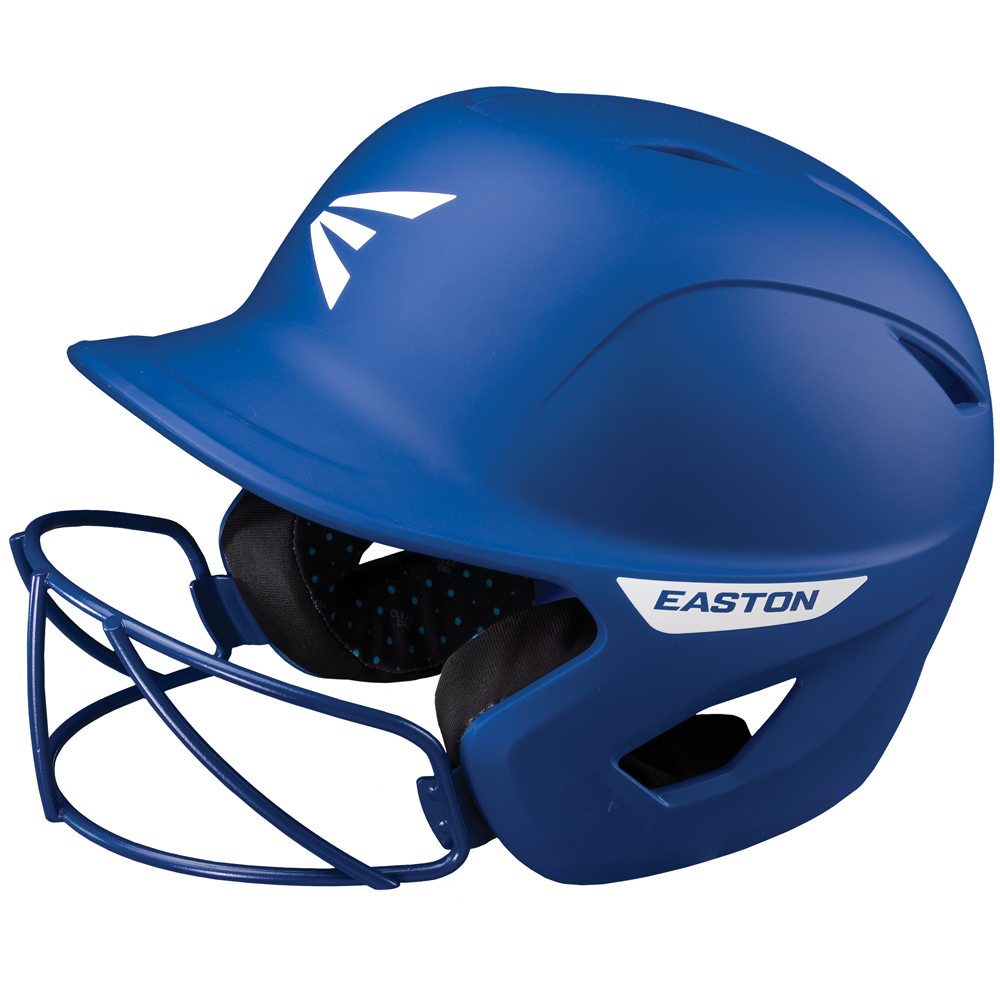 The Easton Ghost Matte Solid Batting Helmet with Mask (GHOSTMT) features a blue finish, face guard, white side logo, and black padding—perfect for serious female athletes or anyone looking for a high-quality Easton softball helmet.