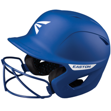 The Easton Ghost Matte Solid Batting Helmet with Mask (GHOSTMT) features a blue finish, face guard, white side logo, and black padding—perfect for serious female athletes or anyone looking for a high-quality Easton softball helmet.
