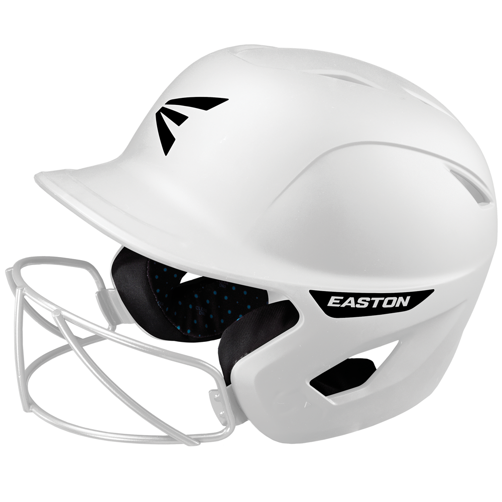 The Easton Ghost Matte Solid Batting Helmet with Mask (GHOSTMT) features a white finish, protective face guard, black interior padding, and bold Easton branding—perfect for female athletes needing premium softball helmet protection.