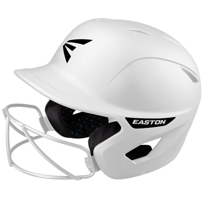 The Easton Ghost Matte Solid Batting Helmet with Mask (GHOSTMT) features a white finish, protective face guard, black interior padding, and bold Easton branding—perfect for female athletes needing premium softball helmet protection.