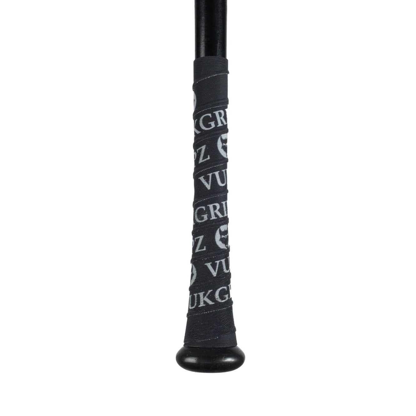Close-up of the handle of a black bat wrapped with VukGripz Bat Grip Tape by VukGripz, featuring repeating white text and logo patterns for optimum grip.