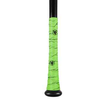 A black baseball bat handle wrapped with VukGripz Bat Grip Tape by VukGripz, featuring bright green color, black alien head designs, and wavy line patterns for enhanced grip.