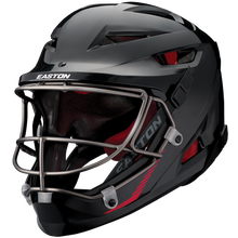 The Easton Hellcat Slowpitch Fielding Helmet (EHCATH) features a black and red design, metal faceguard, ventilation slots, chin strap, and front Easton logo—perfect protective gear for players.