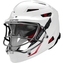 The Easton Hellcat Slowpitch Fielding Helmet (EHCATH) features a white shell, black metal face guard, black chin strap, red interior padding, ventilation slots, and an aerodynamic design for top-notch protection on the field.