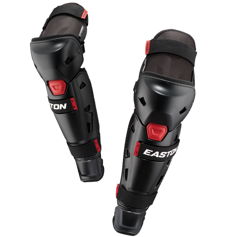 The Easton Hellcat Slowpitch Fielding Leg Guards (EHCATL) by Easton are black and red with adjustable straps, designed for sports protection and ideal as slowpitch softball leg guards, shown on a white background.