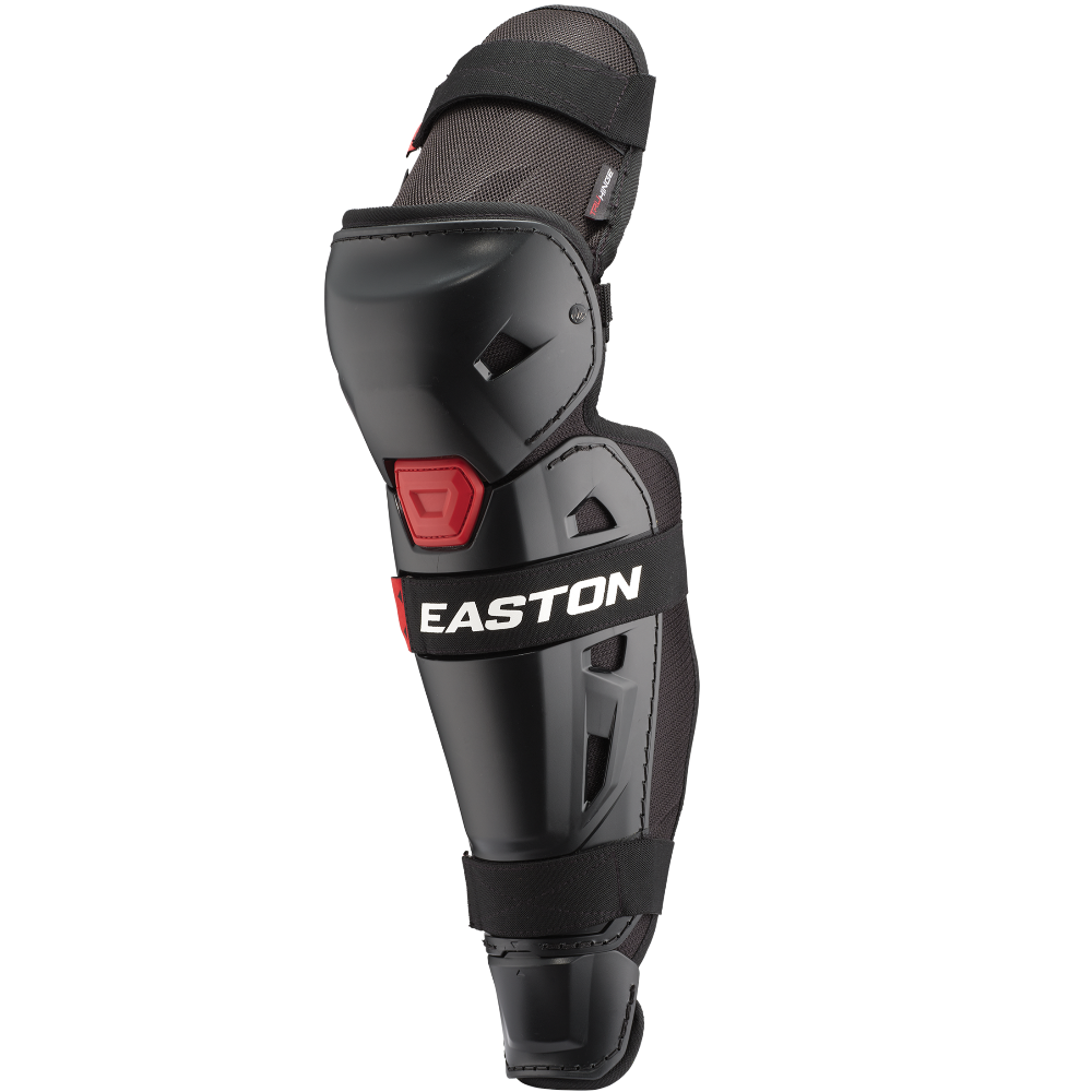 The Easton Hellcat Slowpitch Fielding Leg Guards (EHCATL) feature a black and gray design with red accents, adjustable straps, and provide ideal leg protection for slowpitch softball fielders.