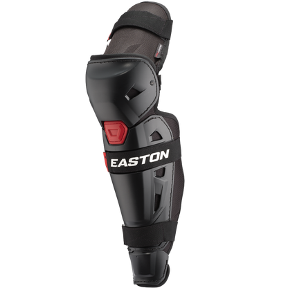 The Easton Hellcat Slowpitch Fielding Leg Guards (EHCATL) feature a black and gray design with red accents, adjustable straps, and provide ideal leg protection for slowpitch softball fielders.