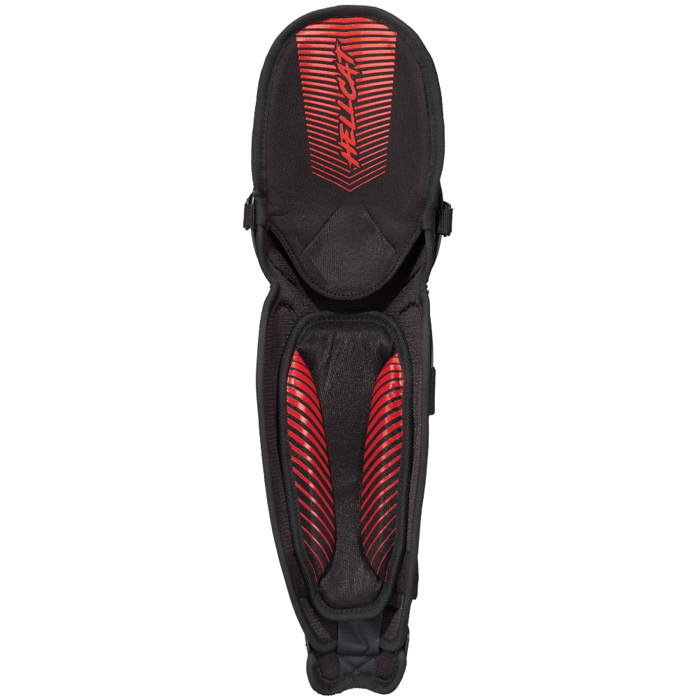 The Easton Hellcat Slowpitch Fielding Leg Guards: EHCATL by Easton, in black with red accents and angular patterns, offer superior leg protection for slowpitch softball and are shown photographed on a plain white background.