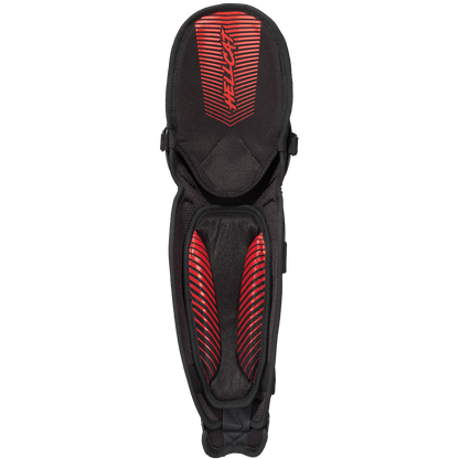 The Easton Hellcat Slowpitch Fielding Leg Guards: EHCATL by Easton, in black with red accents and angular patterns, offer superior leg protection for slowpitch softball and are shown photographed on a plain white background.