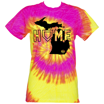 The DSG Apparel Home (Michigan) T-Shirt (DSG-HOME-MI) by DSG Apparel is a classic fit tie dye tee in pink, orange, and yellow with a black silhouette of Michigan's peninsulas. Made from moisture-wicking cotton, it spells "HOME" using the Lower Peninsula as the “O.”.