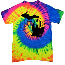 The DSG Apparel Home (Michigan) T-Shirt by DSG Apparel features a bright tie-dye spiral, a black Michigan silhouette, and "HOME" text with a heart-shaped O over the state. Model: DSG-HOME-MI.