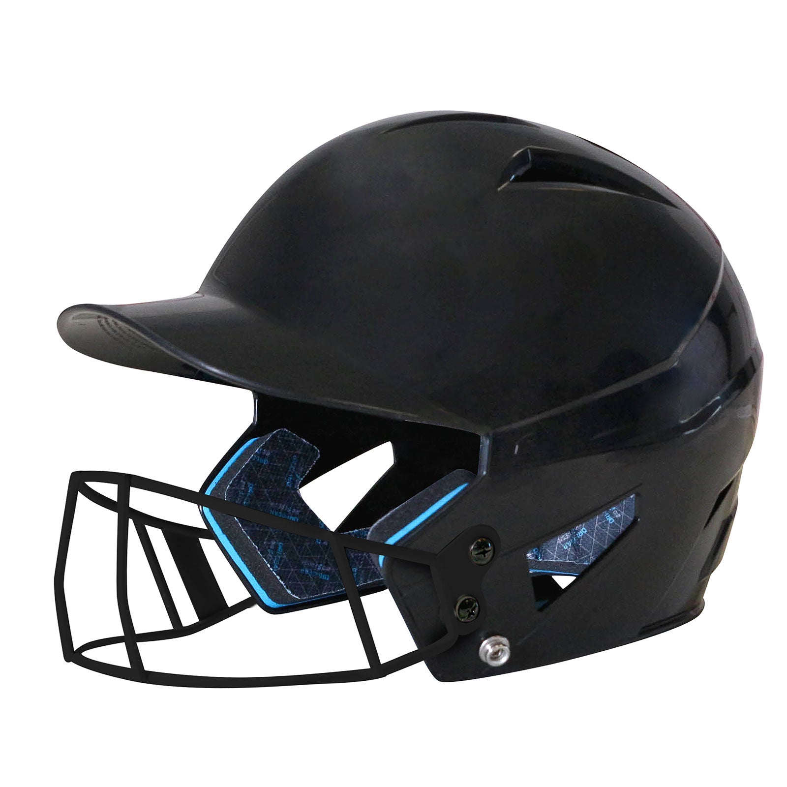 A Champro Sports HX Rookie Batting Helmet with Fastpitch Mask (HXFPU) is shown in black for baseball or softball, featuring a protective face guard, blue interior padding, and a moisture-wicking liner to help keep players comfortable and dry during play. The helmet is displayed from a side angle.