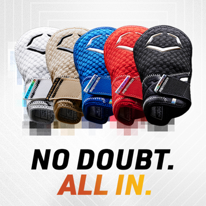 Five EvoShield PRO-SRZ 2.0 Batter's Hand Guards in white, tan, blue, red, and black appear above bold “NO DOUBT. ALL IN.” text on a geometric background, highlighting Gel-to-Shell Technology for top batter’s protection.