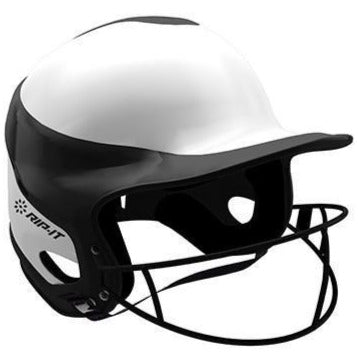 The Rip It Vision Pro Home Fastpitch Softball Batting Helmet with Mask (VIS) is a black and white helmet, featuring a face guard and Rip It branding—ideal for softball players seeking comfort and reliability.