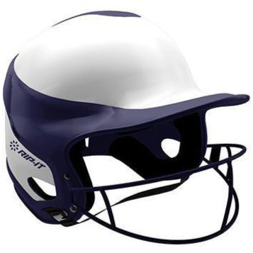 The Rip It Vision Pro Home Fastpitch Softball Batting Helmet with Mask (VIS) features a white and dark blue design, offering sleek style and reliable protection—a standout among Rip It softball helmets.