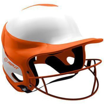The Rip It Vision Pro Home Fastpitch Softball Batting Helmet with Mask (VIS) features a white and orange design, open ear sections, a protective metal face mask, and displays the Rip It logo on the side.