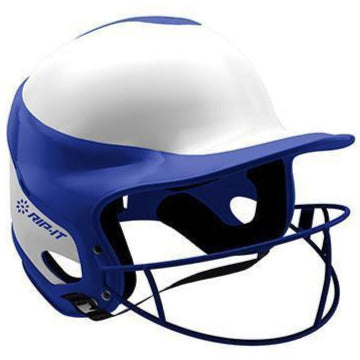 The Rip It Vision Pro Home Fastpitch Softball Batting Helmet with Mask (VIS) by Rip It is a blue and white helmet featuring a protective face guard and the Rip It logo—ideal for players seeking reliable softball protection.