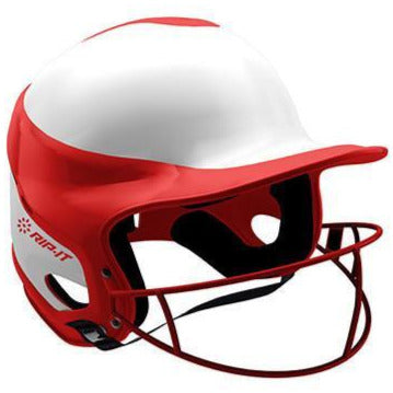 The Rip It Vision Pro Home Fastpitch Softball Batting Helmet with Mask (VIS) is a red and white helmet with face guard and ear protection, featuring the Rip It logo for safety and style on the softball field.