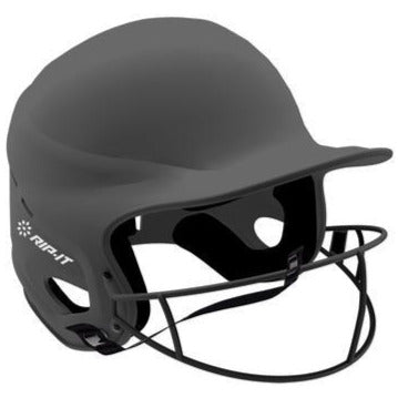 The Rip It Vision Pro Matte Fastpitch Softball Batting Helmet with Mask features a black finish, face guard, ear protection, open front for visibility, and displays the Rip It logo on the side.