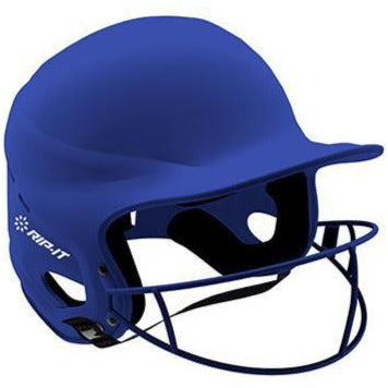 The Rip It Vision Pro Matte Fastpitch Softball Batting Helmet with Mask offers reliable head and face protection for softball players, featuring the Rip It logo on the side and a durable mask for safety during games.
