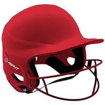 The Rip It Vision Pro Matte Fastpitch Softball Batting Helmet with Mask features a built-in fielder’s mask, face guard, ear protection, and the Rip It logo, offering stylish safety for confident softball play.