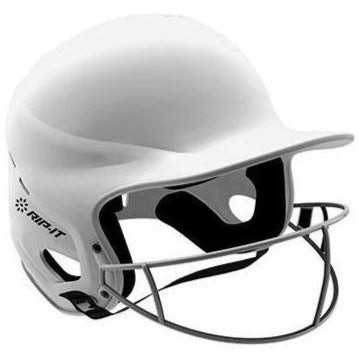 The Rip It Vision Pro Matte Fastpitch Softball Batting Helmet with Mask offers comfort and safety for softball players. This white helmet features the Rip It logo, a protective face guard, and inner padding for maximum protection.