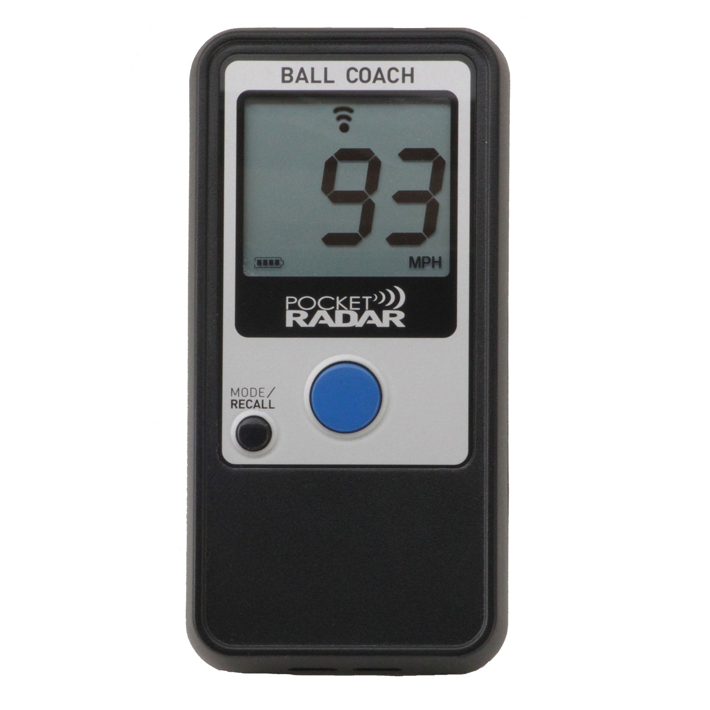The Pocket Radar Ball Coach Radar (PR1000-BC) by Pocket Radar displays a 93 MPH reading on its digital screen, includes a blue button below the display, and features “MODE/RECALL” labeled on the lower left for measuring ball speed.