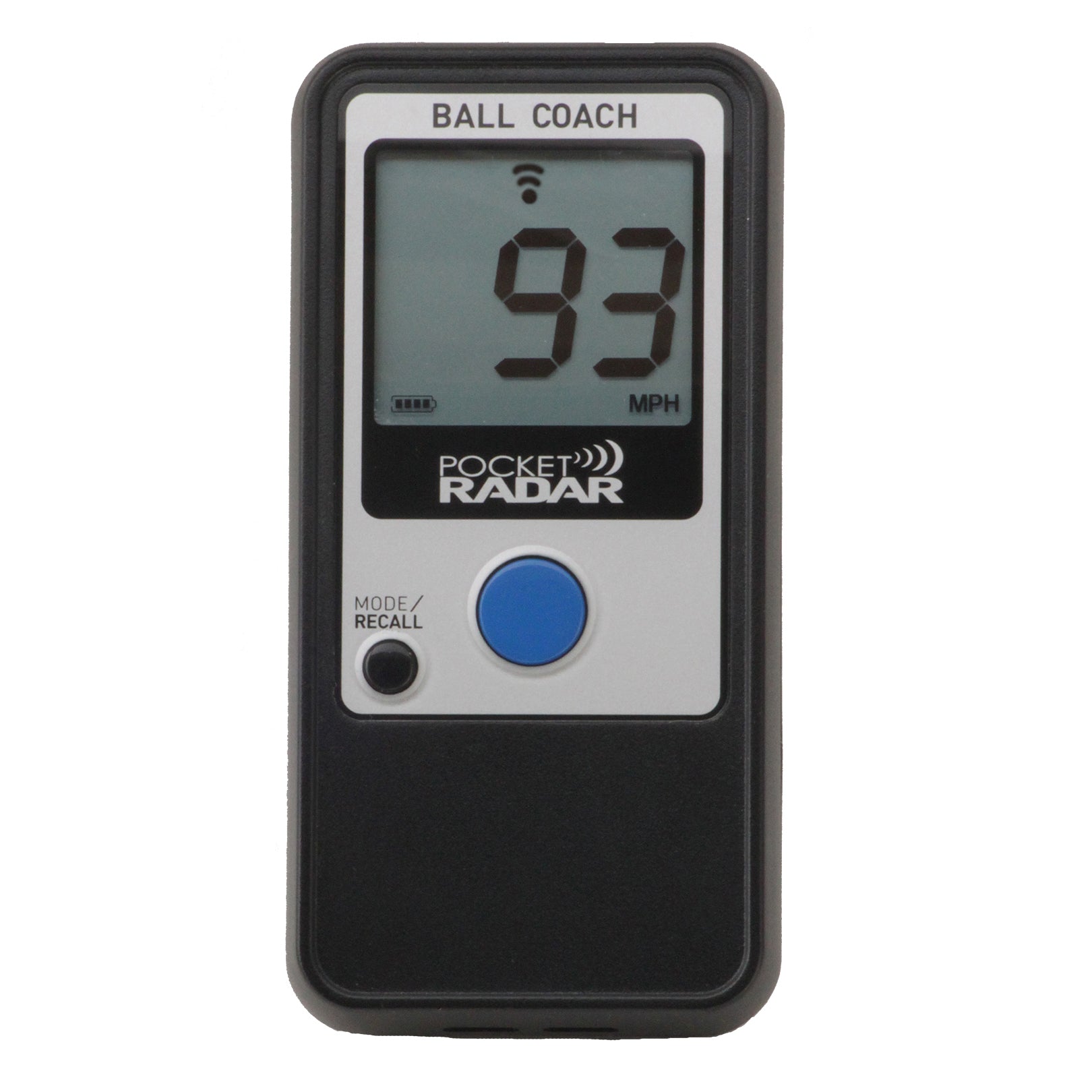 The Pocket Radar Ball Coach Radar (PR1000-BC) by Pocket Radar displays a 93 MPH reading on its digital screen, includes a blue button below the display, and features “MODE/RECALL” labeled on the lower left for measuring ball speed.
