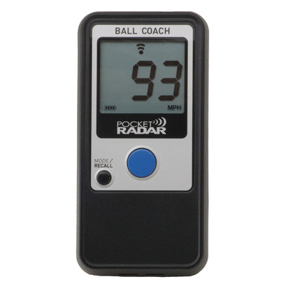 The Pocket Radar Ball Coach Radar (PR1000-BC) by Pocket Radar displays a 93 MPH reading on its digital screen, includes a blue button below the display, and features “MODE/RECALL” labeled on the lower left for measuring ball speed.