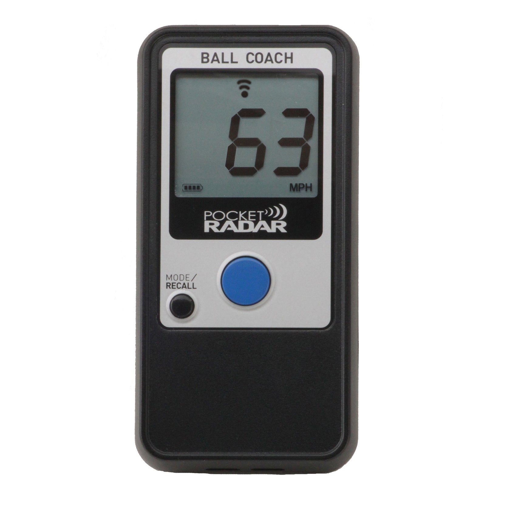 The Pocket Radar Ball Coach Radar (PR1000-BC) by Pocket Radar displays 63 MPH, has "BALL COACH" at the top, a blue button below the screen, and is ideal for accurate ball speed measurement.