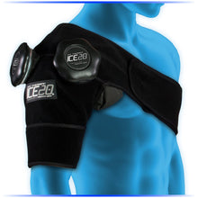 A blue mannequin wears the Bownet ICE20 Double Shoulder Ice Compression Wrap (ICE-Dbl-Shoulder), featuring round refillable ice bag compartments for targeted therapy on the shoulder and upper arm.