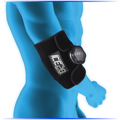 A blue mannequin arm displays the Bownet ICE20 Elbow / Small Knee Ice Compression Wrap (ICE-ELBOW-SM KNEE) with a round ice pack on the elbow, delivering targeted ice therapy and support against a white background.