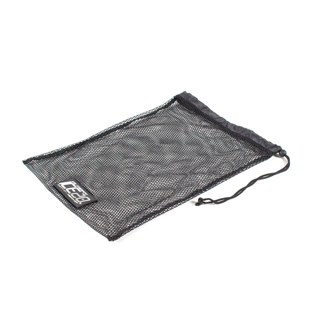 A black mesh drawstring bag with a small ICE20 logo tag, ideal for storing your Bownet ICE20 Single Shoulder Ice Compression Wrap (ICE-Shoulder), is shown lying flat on a white background.