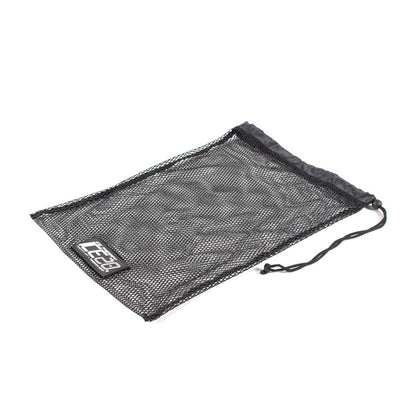 A black mesh drawstring bag with a small ICE20 logo tag, ideal for storing your Bownet ICE20 Single Shoulder Ice Compression Wrap (ICE-Shoulder), is shown lying flat on a white background.