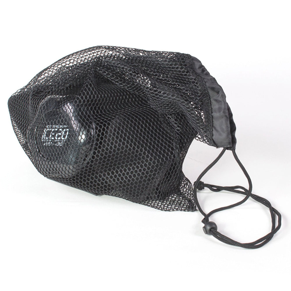 A black mesh drawstring bag, partially open to reveal black bocce balls, resembles the refillable ice bag in the Bownet ICE20 Double Shoulder Ice Compression Wrap (ICE-Dbl-Shoulder), with a cord and plastic adjuster to secure the opening.