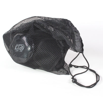 A black mesh drawstring bag, partially open to reveal black bocce balls, resembles the refillable ice bag in the Bownet ICE20 Double Shoulder Ice Compression Wrap (ICE-Dbl-Shoulder), with a cord and plastic adjuster to secure the opening.