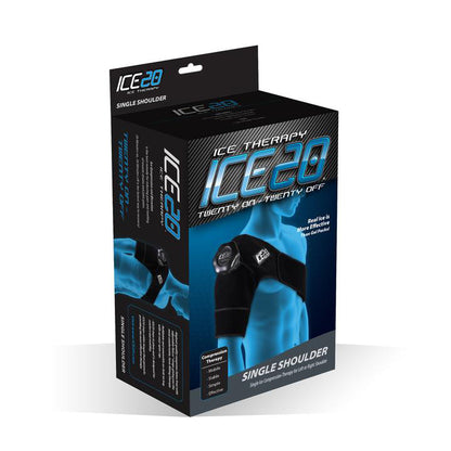 The Bownet ICE20 Single Shoulder Ice Compression Wrap (ICE-Shoulder) features a black neoprene shoulder wrap with refillable ice bag. Packaging displays a blue and black design with clear product details and branding.