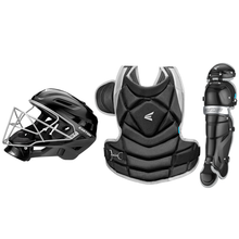 The Easton Jen Schro Fundamental Fastpitch Catcher's Set (A165441) by Easton features a black helmet with metal face guard, silver-accented chest protector, and single shin guard—designed for comfort and style on the field.