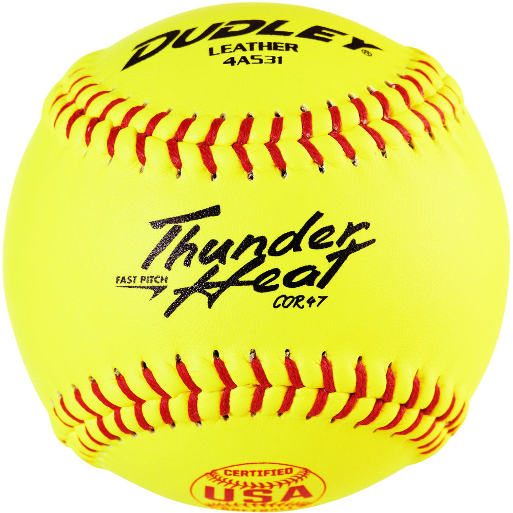 A Dudley USA Thunder Heat 11" 47/375 Leather Fastpitch Softball (4A531Y) features a bright yellow leather surface, red stitching, black printed text with product info, and certification logo. Brand: Dudley.