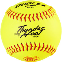 A Dudley USA Thunder Heat 11" 47/375 Leather Fastpitch Softball (4A531Y) features a bright yellow leather surface, red stitching, black printed text with product info, and certification logo. Brand: Dudley.